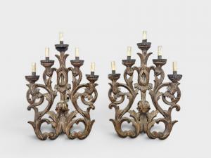 Pair of five-light Piedmontese silvered wood wall sconces - Late 18th Century.